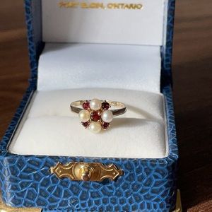 Vintage 10K Gold Pearl and Ruby Cluster Ring